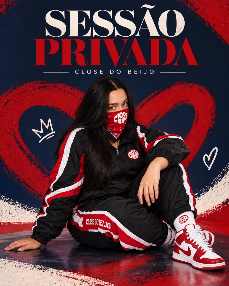 Arte da Sessão Privada: jovem de bandana vermelha e agasalho Close do Beijo sentada diante de um coração pintado