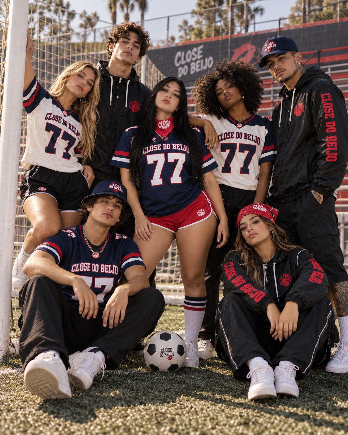 Grupo de jovens com camisas, agasalhos e bandanas da Close do Beijo posando em um campo de futebol