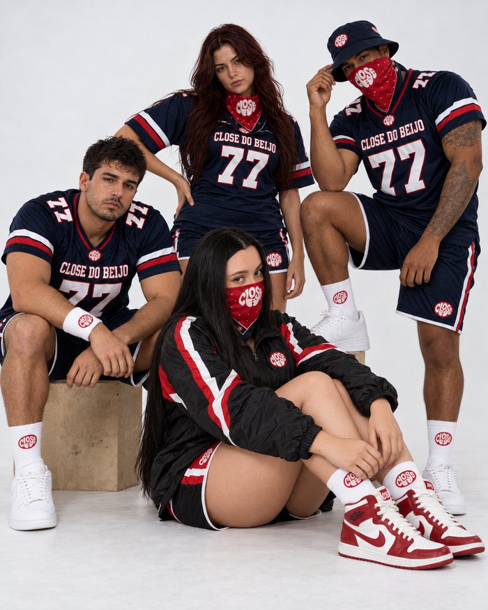 Quatro pessoas com camisas 77, bandanas e agasalhos da Close do Beijo em estúdio